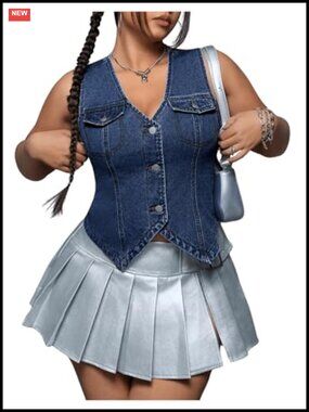 Plus Size Sleeveless Denim Vest V Neck Button Front Jean Jacket